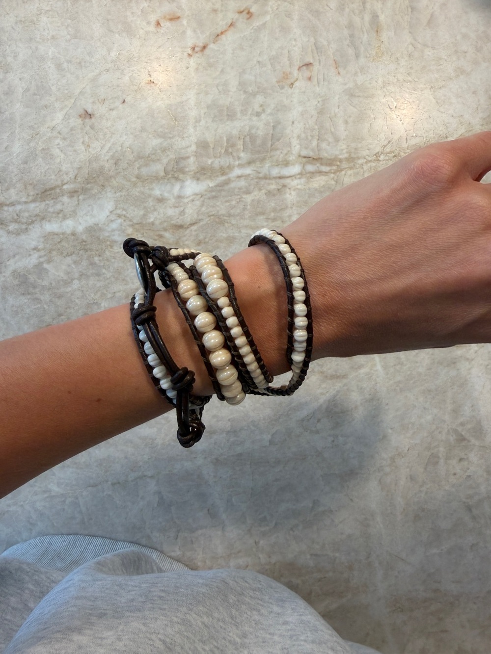 Multi-Strand White Bead and Brown Leather Wrap Bracelet - Women Jewelry